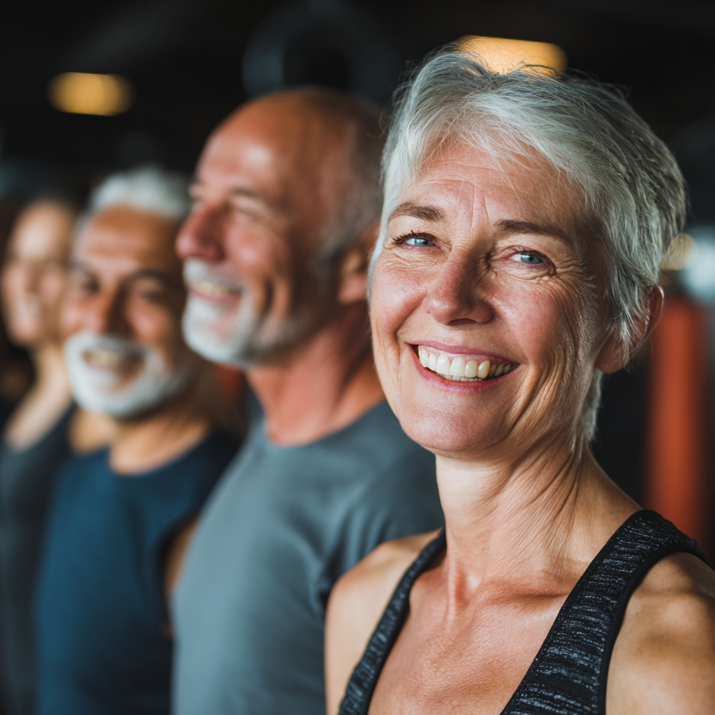 Smiling European fitness trainer in athletic wear demonstrating exercise pose in modern gym setting, photorealistic style