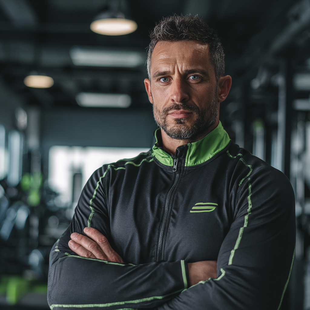 Happy European woman and man in workout clothes celebrating fitness achievement, high-five gesture, bright gym environment, realistic photography style