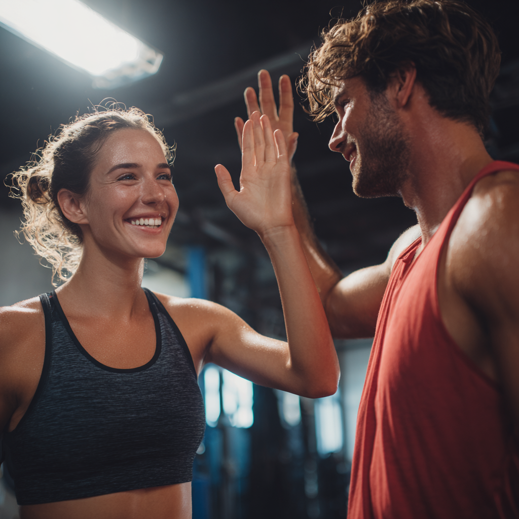 Professional European fitness coach in black and green athletic wear standing confidently in modern training facility, realistic portrait style