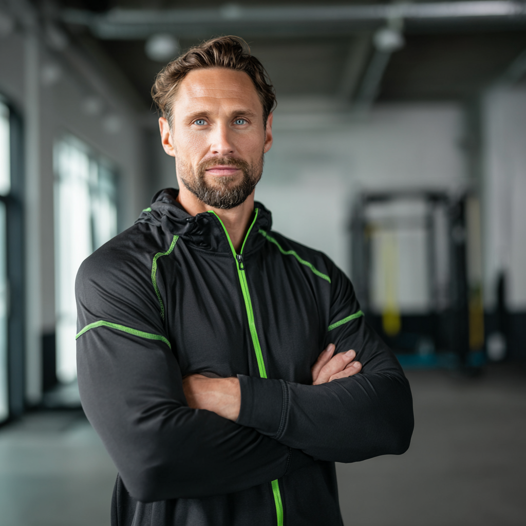 European fitness instructor demonstrating proper exercise form and biomechanics, professional gym setting with anatomical movement analysis, educational realistic style